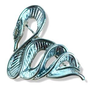 Vintage Danecraft Signed Silver Tone Swan Brooch Abstract Ribbon Wave Pin 1960s